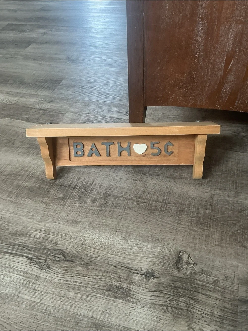 Vintage Handmade Bathroom Wooden Wall Shelf 'Bath 5 Cents' Rustic Country Cabin